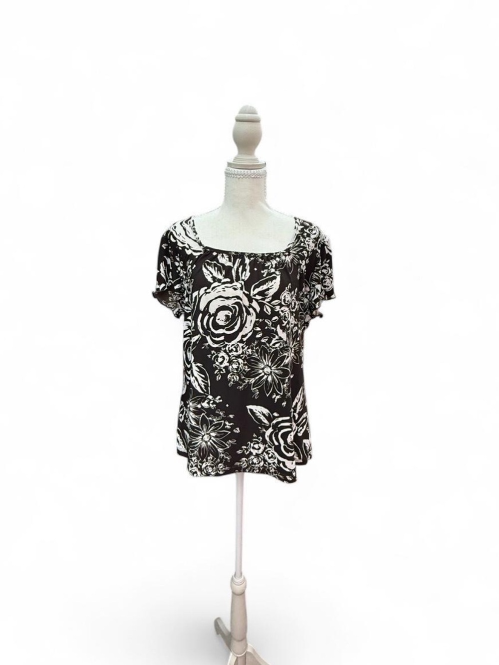 Vintage Brown & White Floral Square-Neck Women’s Top